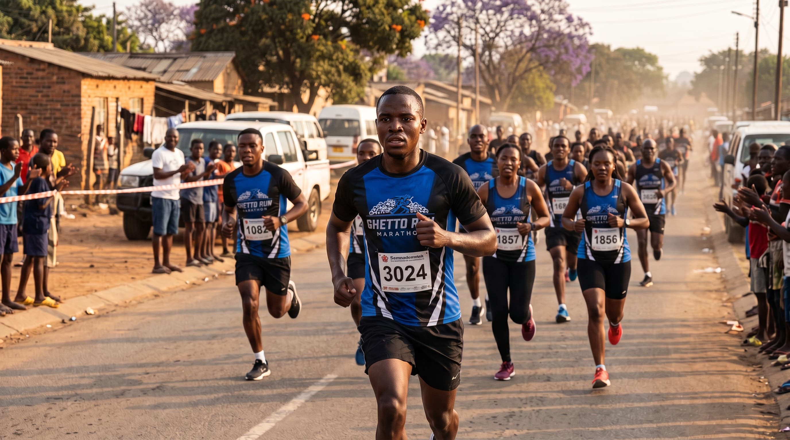 Runners racing through a city street during a marathon